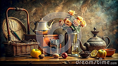 A Nostalgic Composition with Objects from a Bygone Era Generative AI Machine-generated Stock Photo