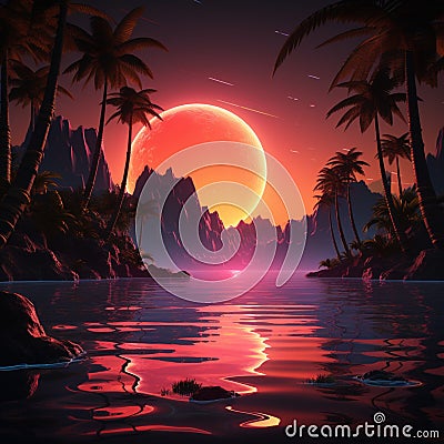 Nostalgic 3D rendering Retro album cover with neon sunset vibes Stock Photo