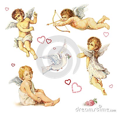 Nostalgic design elements: angels, doves and roses Stock Photo