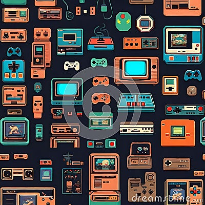 Nostalgic Gaming Revived: Illustration of Retro Joysticks from Classic Consoles Cartoon Illustration