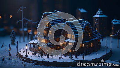 Nostalgic Magic: Miniature City on a Snowy Christmas Night Stock Photo