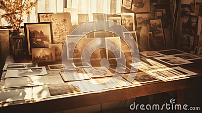 Nostalgic memories in old photos hanging near a sunlit window, a portal to the past's cherished moments Stock Photo