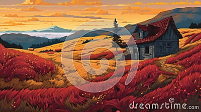 Nostalgic Painting Of Hill With Golden Fields And Quaint Farmhouses Stock Photo