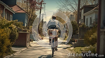 Nostalgic Paper Route: Young Newspaper Delivery Boy on Bicycle in Suburbia Stock Photo