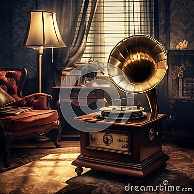 Nostalgic phonograph in a cozy living room Stock Photo