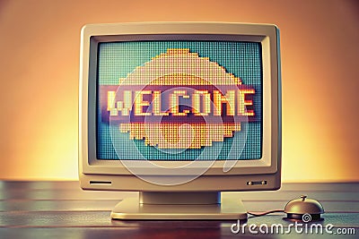 Nostalgic PowerUp Animation A Retro Computer Screen Boot Sequence with a Vintage Welcome Message Perfect for Video Stock Photo