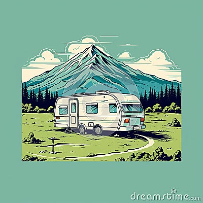 Nostalgic Rv Camper Illustration In Mountain Landscape Cartoon Illustration