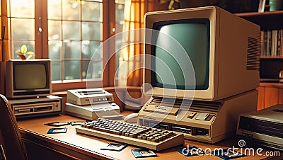Nostalgic 1980s Computer Setup with Floppy Disks Stock Photo