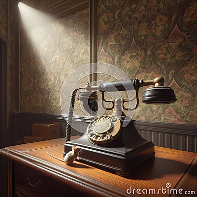 Old Bakelite phone sits on cabinet and draws interest from a mouse Stock Photo