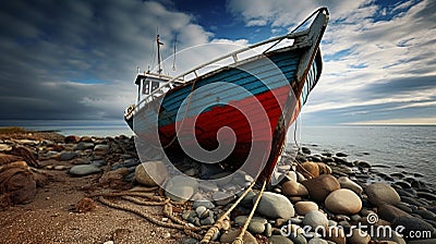 Nostalgic scene old fishing boat on sandy seashore recalling tranquil coastal days Stock Photo