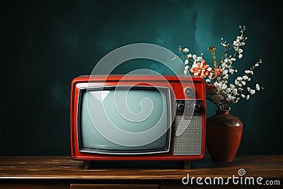 Nostalgic scene A red retro TV in an artistic still life Stock Photo