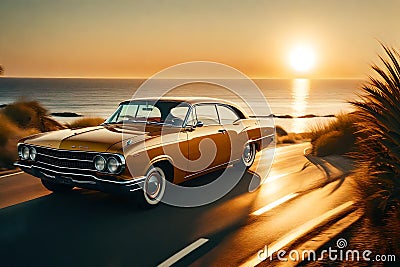 A nostalgic scene of a retro car driving along a coastal highway, with the sun setting over the ocean, casting a warm glow Stock Photo