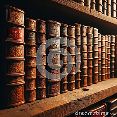 A row of old leather-bound books sit on an old wooden shelf Stock Photo