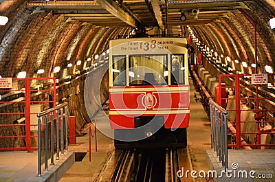 A nostalgic tram in the tunnel at the Karakoy starting station in Istanbul. Editorial Stock Photo