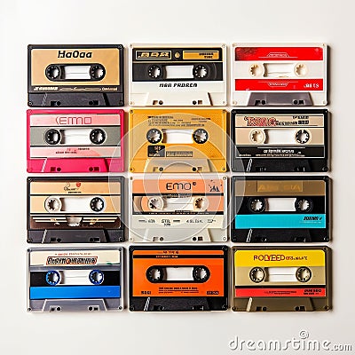 Nostalgic Vibes: 12 Colorful Audio Cassettes from the 80's Stock Photo