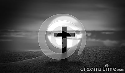 Nostalgic View of Cross Symbol or Christianity Sign Silhouette. Dramatic Scene. Christian religion, Resurrection and Salvation Stock Photo