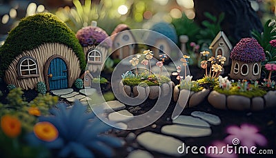 nostalgic and whimsical fairy garden with tiny houses. Ai generative Stock Photo