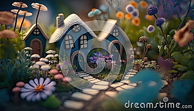 nostalgic and whimsical fairy garden with tiny houses. Ai generative Stock Photo