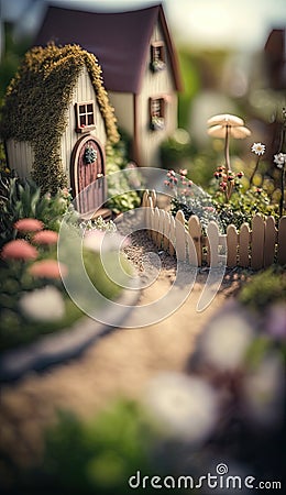 nostalgic and whimsical fairy garden with tiny houses. Ai generative Stock Photo