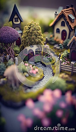 nostalgic and whimsical fairy garden with tiny houses. Ai generative Stock Photo