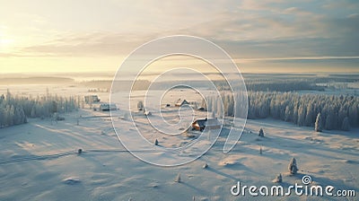 Nostalgic Winter Landscape: Aerial View Of Rural Life In Golden Light Stock Photo