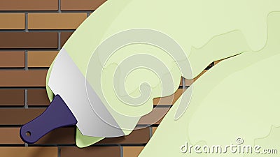 NOT AI 3D rendering of flat wide spatula tool works with viscous plaster on surface of brick wall. Surface puttying and leveling. Cartoon Illustration