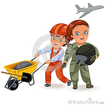 Not female professions, Strong woman pilot and builder constructor in uniform with military helmet in his arms , hard Vector Illustration