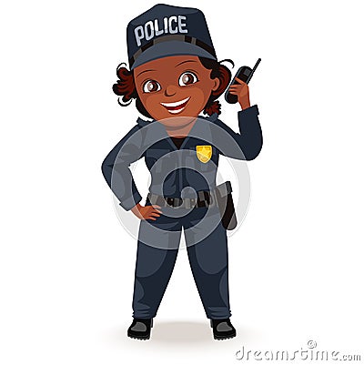 Not female professions, strong woman police officer uniform with holding radio set , safety secutiry girl, feminists Vector Illustration