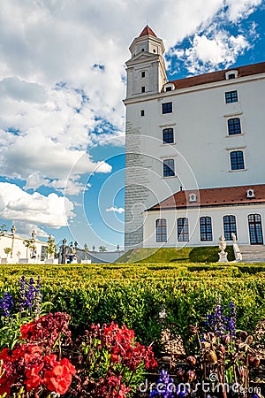 Not ordinary view of Bratislava castle from behind back yard part of castle garden Stock Photo