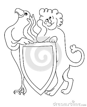 Frivolous lion and eagle hold arms. Vector black outline image. Vector Illustration