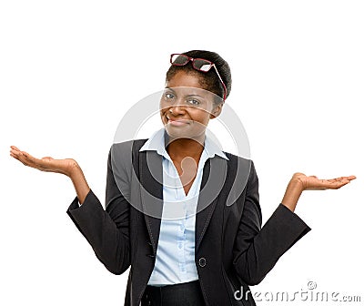 Not sure how to feel about that. Studio shot of a young businesswoman looking unsure against a white studio background. Stock Photo