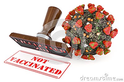 Not vaccinated stamp. Wooden stamper with virus, 3D rendering Stock Photo