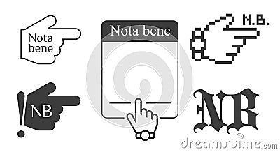 Nota bene latin phrase black icons. Forefinger and empty text box. Isolated vector illustration Vector Illustration