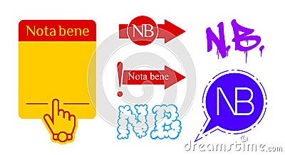 Nota bene latin phrase colored icons. NB abbreviation and note page. Isolated vector illustration Vector Illustration