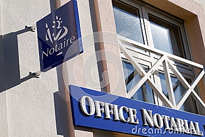 Notaire french notary office blue board sign logo in building office Editorial Stock Photo