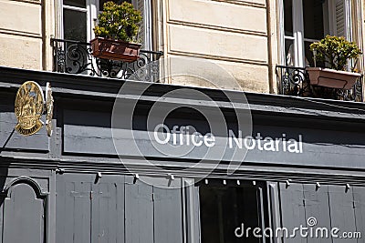 Notaire french office notarial entrance facade sign text and plate logo notary agency Editorial Stock Photo