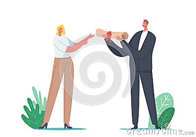 Notary Male Character Hand over Paper Document Scroll to Businesswoman, Business Company Registration Service Vector Illustration