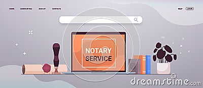notary service banner with legacy stamp sealed document legal trust and public pen near laptop Vector Illustration
