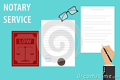 Notary service execution of documents seal and signature on papers. The notary signs the document and stamps. Cartoon Illustration