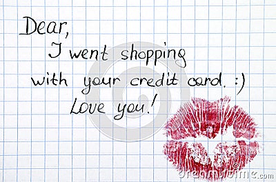 Note - I went shopping with your credit card. with kiss Stock Photo
