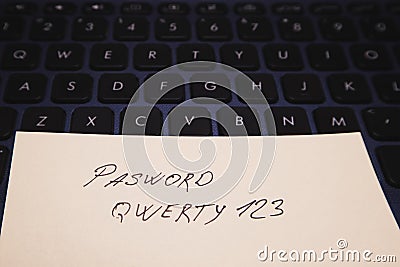 Note with an insecure password on your computer keyboard. Data, information protection. Soft focus Stock Photo