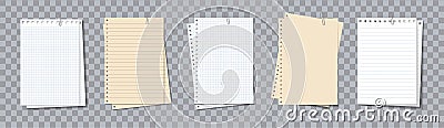 Note pad. Paper sheets for memo. Different notebook with clip. Notepaper with lines and grid. Papers of notepad for note, notice Stock Photo