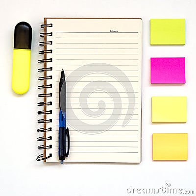 Note paper, open notepad, blank multicolored paper blocks for notes on white, pen. Concept of study, planning copy space Stock Photo