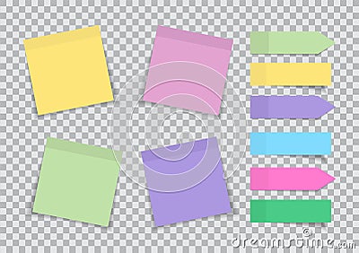 Note paper post. Sticky memo. Blank sticker for reminder. Color labels isolated on transparent background. Set of sheets with Vector Illustration