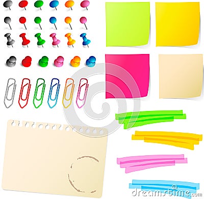 Note papers with pins and paper clip Vector Illustration