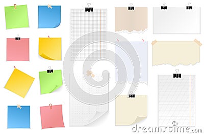 Note papers set graphic elements in flat design. Bundle of different types of notebook sheets, torn pieces of paper, colored Vector Illustration