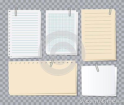 Note papers sheets. Different notepaper with paper clips, memo stickers. Notepad for notice, appointment list of Vector Illustration