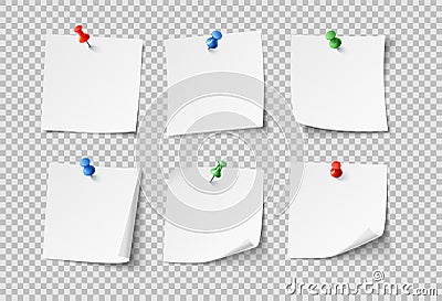 Note papers. White blank sticky notes with color pins. Nobody paper vector set isolated Vector Illustration