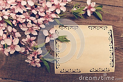Note, postcard, writing retro peach blossoms on a wooden vintage Stock Photo