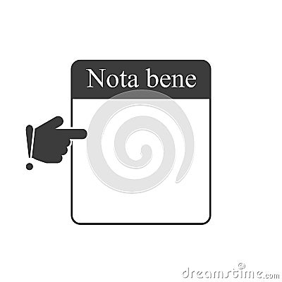Note, quote, footnote textbox. Nota bene latin phrase. Forefinger and empty text box. Isolated vector illustration. Vector Illustration